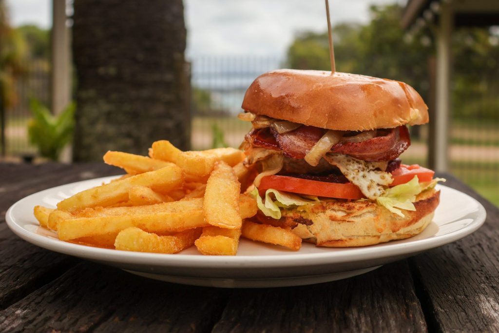 A burger with a side of chips
